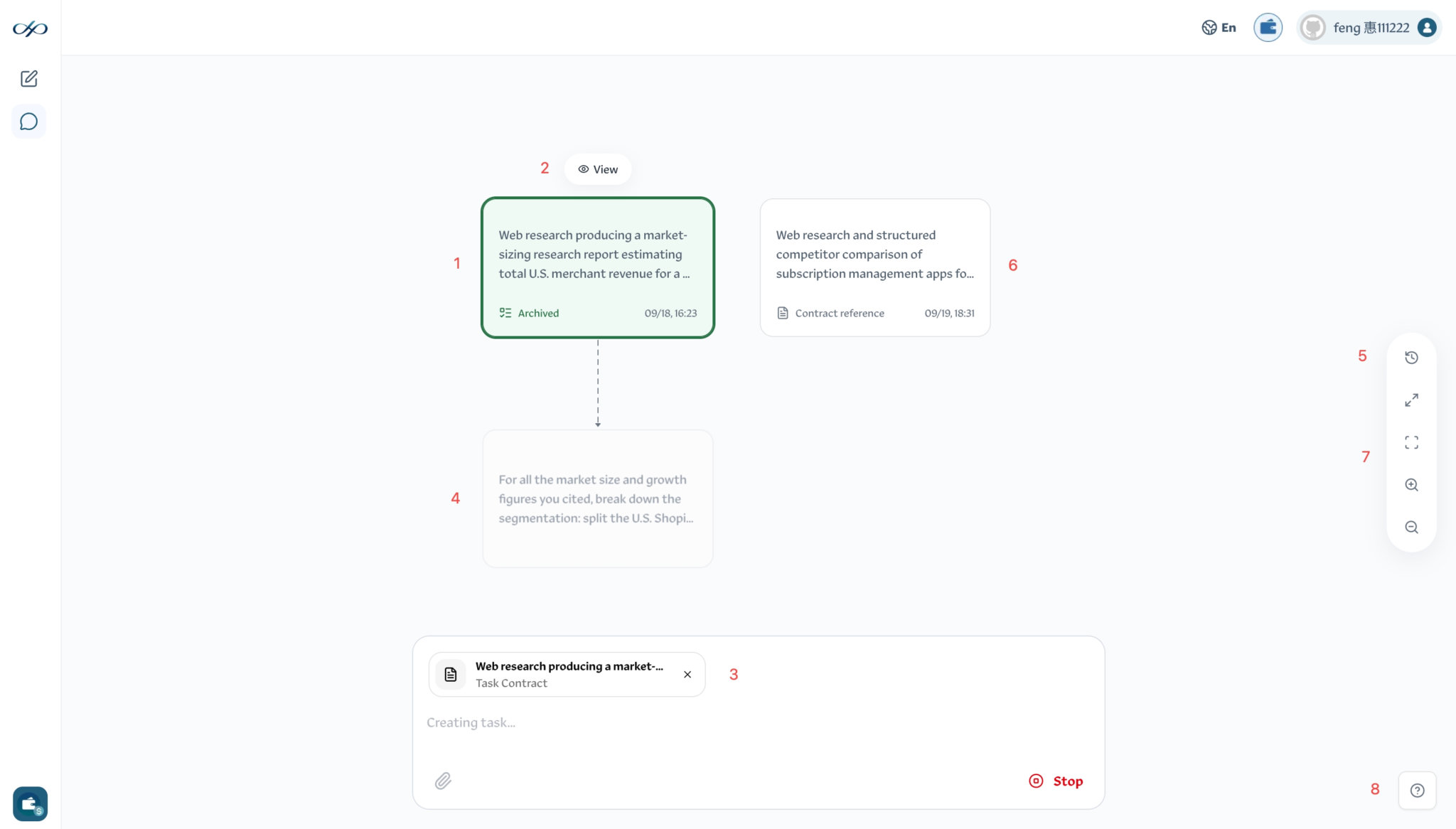 Task canvas with labels 1–8 marking a task node, View toolbar, composer reference, connected task, contract list, contract reference node, canvas tools, and shortcuts